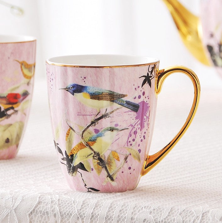 Elegant Pink Ceramic Coffee Mug, Beautiful Bird Flower Ceramic Mug, Large Creative Porcelain Mug, Large Capacity Ceramic Mugs for Office
