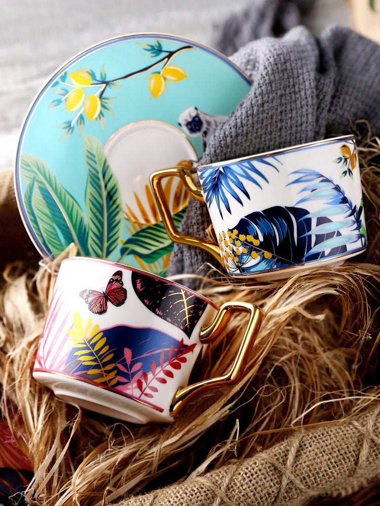 Jungle Pattern Porcelain Coffee Cups, Tea Cup and Saucer, Coffee Cups with Gold Trim and Gift Box