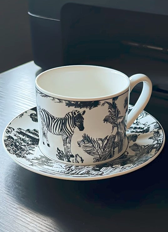 6.8 oz Tea Cup and Saucer in Gift Box, Zebra Jungle Porcelain Tea Cup Saucer Set, Royal Ceramic Cups, Elegant Ceramic Coffee Cups