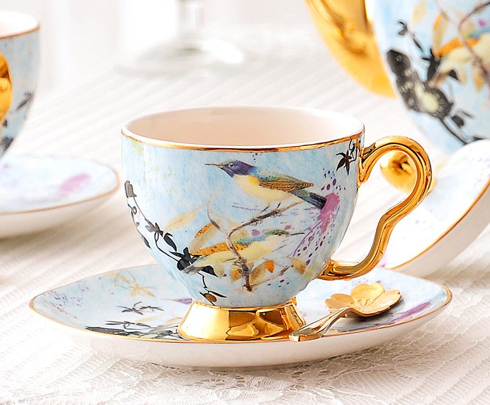 Elegant Ceramic Coffee Cups, Unique Bird Flower Tea Cup and Saucer in Gift Box as Birthday Gift, Beautiful British Tea Cups, Royal Porcelain Tea Cup Set