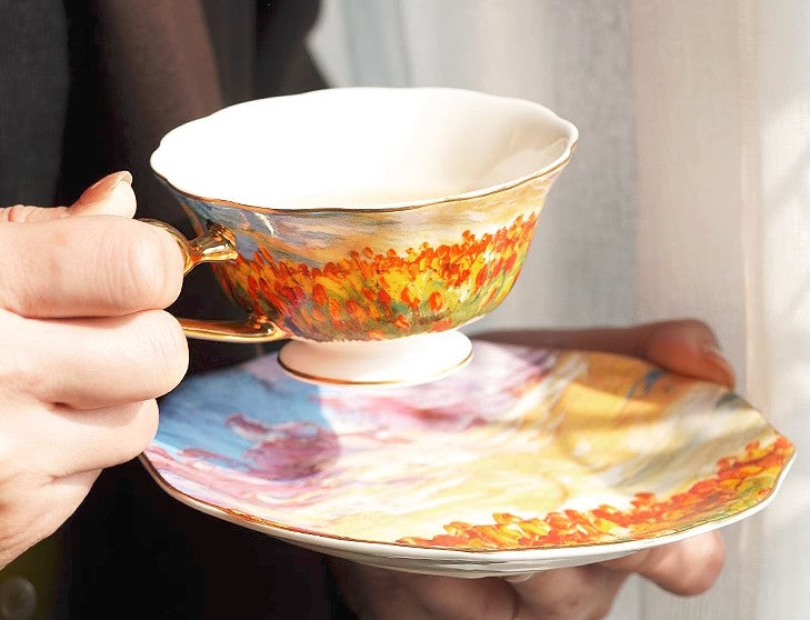 Elegant Ceramic Coffee Cups, Flower Field Vintage Porcelain Tea Cup Saucer Set, Unique British Tea Cup and Saucer in Gift Box, Royal Ceramic Cups