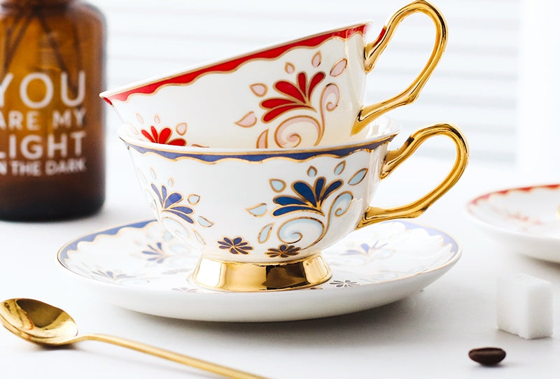 Porcelain Coffee Cups, British Tea Cups, Tea Cup and Saucer, Coffee Cups with Gold Trim and Gift Box, Latte Coffee Cups