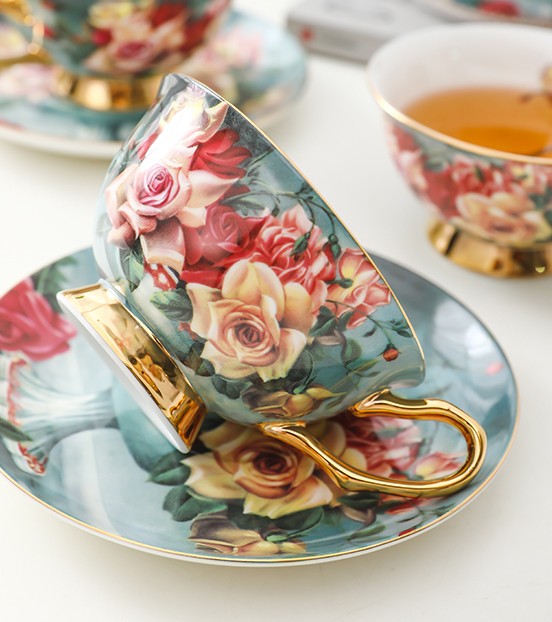 After Porcelain Tea Cup Saucer Set, Rose Royal Ceramic Cups, Elegant Flower Ceramic Coffee Cups, 6.8 oz Tea Cup and Saucer in Gift Box