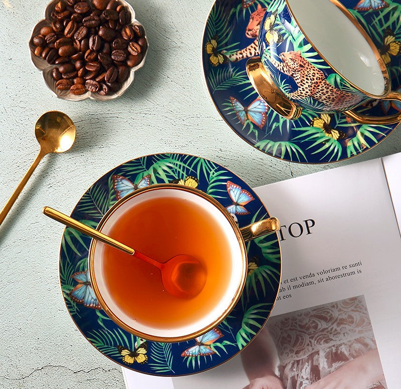 Creative Leopard Ceramic Coffee Cups, 6.8 oz Tea Cup and Saucer in Gift Box as Birthday Gift, Beautiful British Tea Cups, Creative Porcelain Tea Cup Set