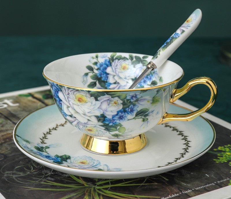 Elegant British Ceramic Coffee Cups, Unique Tea Cup and Saucer in Gift Box, Royal Porcelain Tea Cup Set for Office, Rose Flower Pattern Ceramic Cups