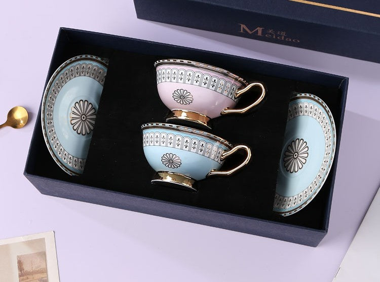 Royal Blue and Pink Porcelain Tea Cup Saucer Set, Tea Cup and Saucer in Gift Box, Elegant Ceramic Coffee Cups, Beautiful British Tea Cups
