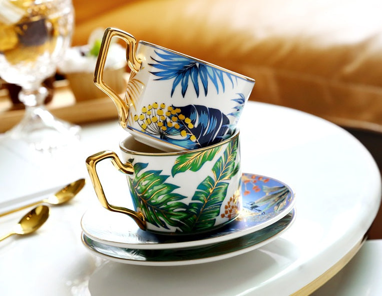 Jungle Pattern Porcelain Coffee Cups, Tea Cup and Saucer, Coffee Cups with Gold Trim and Gift Box