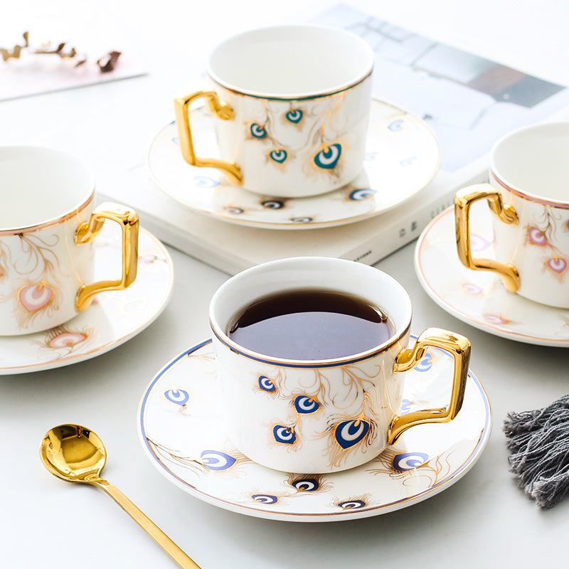 Peacock Tail Pattern Porcelain Coffee Cups, British Tea Cups, Coffee Cups with Gold Trim and Gift Box, Tea Cup and Saucer