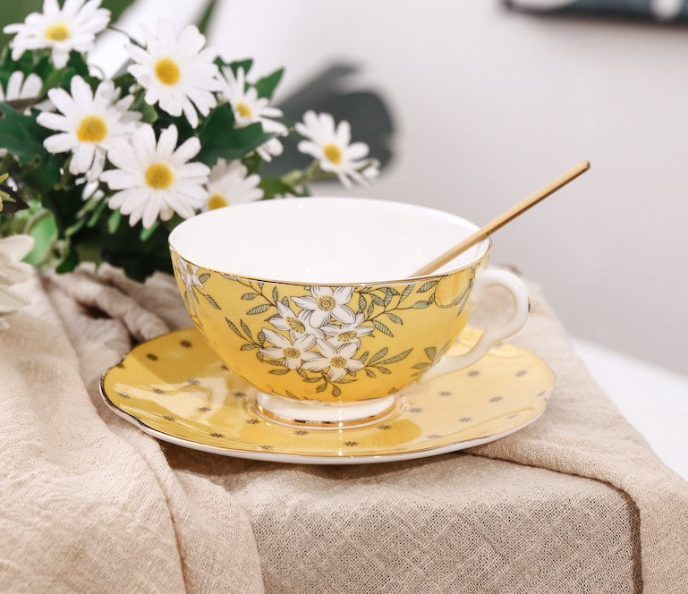 Creative Yellow Ceramic Coffee Cups, Unique Flower Coffee Cup and Saucer, Beautiful British Tea Cups, Creative Porcelain Tea Cup Set