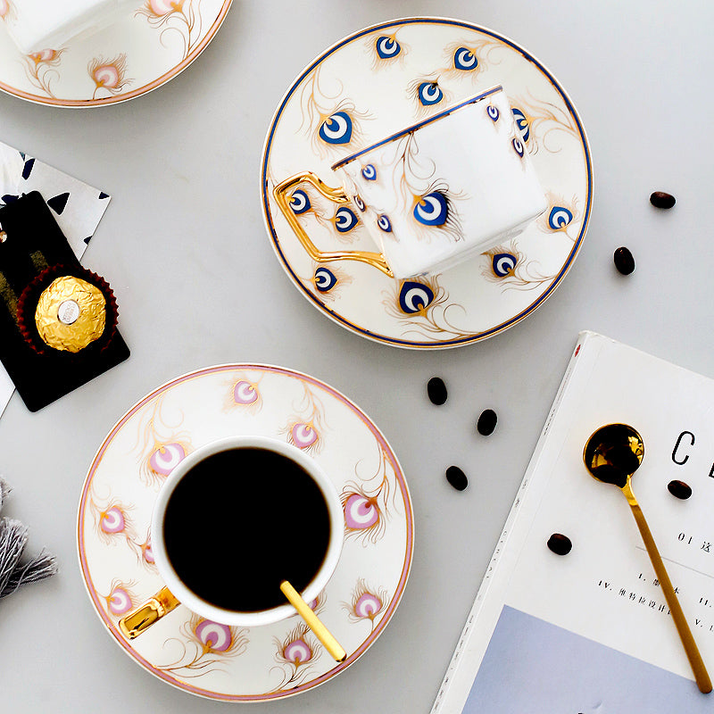 Peacock Tail Pattern Porcelain Coffee Cups, British Tea Cups, Coffee Cups with Gold Trim and Gift Box, Tea Cup and Saucer