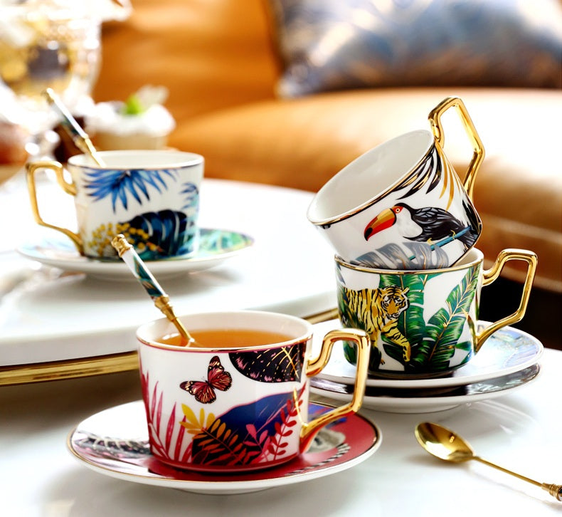 Jungle Pattern Porcelain Coffee Cups, Tea Cup and Saucer, Coffee Cups with Gold Trim and Gift Box