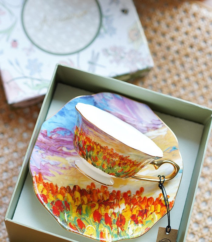 Elegant Ceramic Coffee Cups, Flower Field Vintage Porcelain Tea Cup Saucer Set, Unique British Tea Cup and Saucer in Gift Box, Royal Ceramic Cups