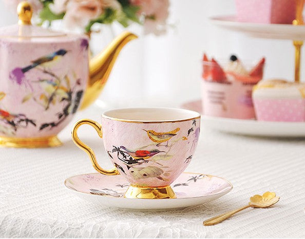 Unique Bird Flower Tea Cup and Saucer in Gift Box as Birthday Gift, Elegant Pink Ceramic Coffee Cups, Beautiful British Tea Cups, Royal Porcelain Tea Cup Set
