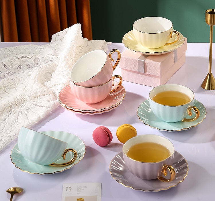 6.8 oz Tea Cup and Saucer in Gift Box as Birthday Gift, Elegant Macaroon Ceramic Coffee Cups, Beautiful British Tea Cups, Creative Porcelain Tea Cup Set