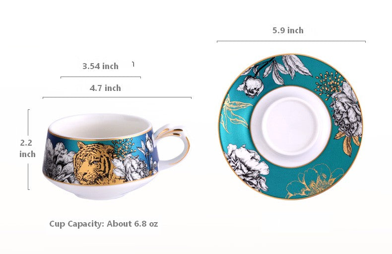 Unique Ceramic Cups with Gold Trim and Gift Box, Creative Ceramic Tea Cup and Saucer, Jungle Tiger Cheetah Porcelain Coffee Cups