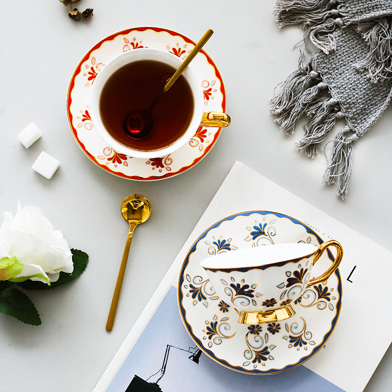 Porcelain Coffee Cups, British Tea Cups, Tea Cup and Saucer, Coffee Cups with Gold Trim and Gift Box, Latte Coffee Cups