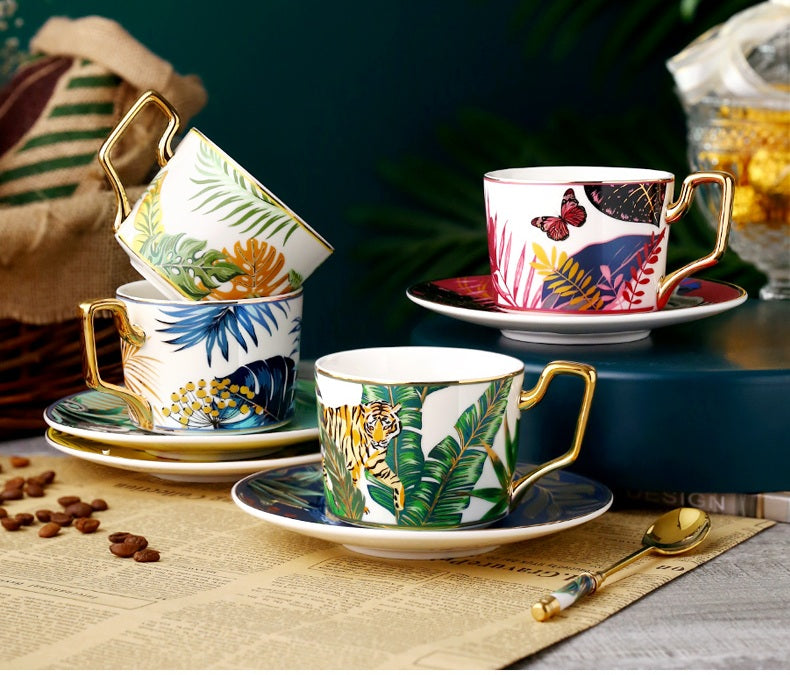 Jungle Pattern Porcelain Coffee Cups, Tea Cup and Saucer, Coffee Cups with Gold Trim and Gift Box