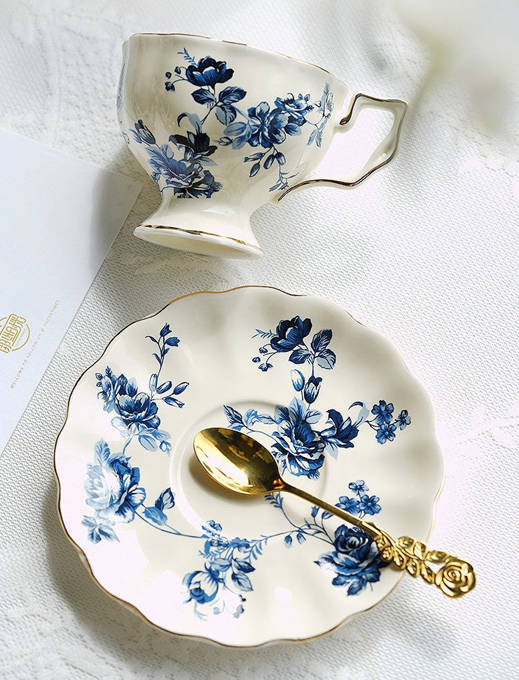 Royal Ceramic Cups, French Style China Porcelain Tea Cup Saucer Set, 6.8 oz Tea Cup and Saucers, Elegant Vintage Ceramic Coffee Cups for Traditional Afternoon Tea