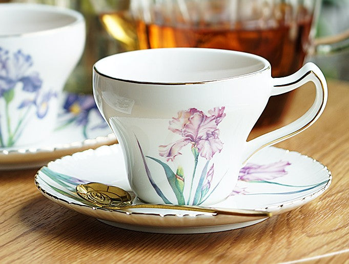 Iris Flower British Tea Cups, Beautiful Porcelain Tea Cup Saucer Set, Traditional English Tea Cup and Saucer, Unique Ceramic Coffee Cups in Gift Box