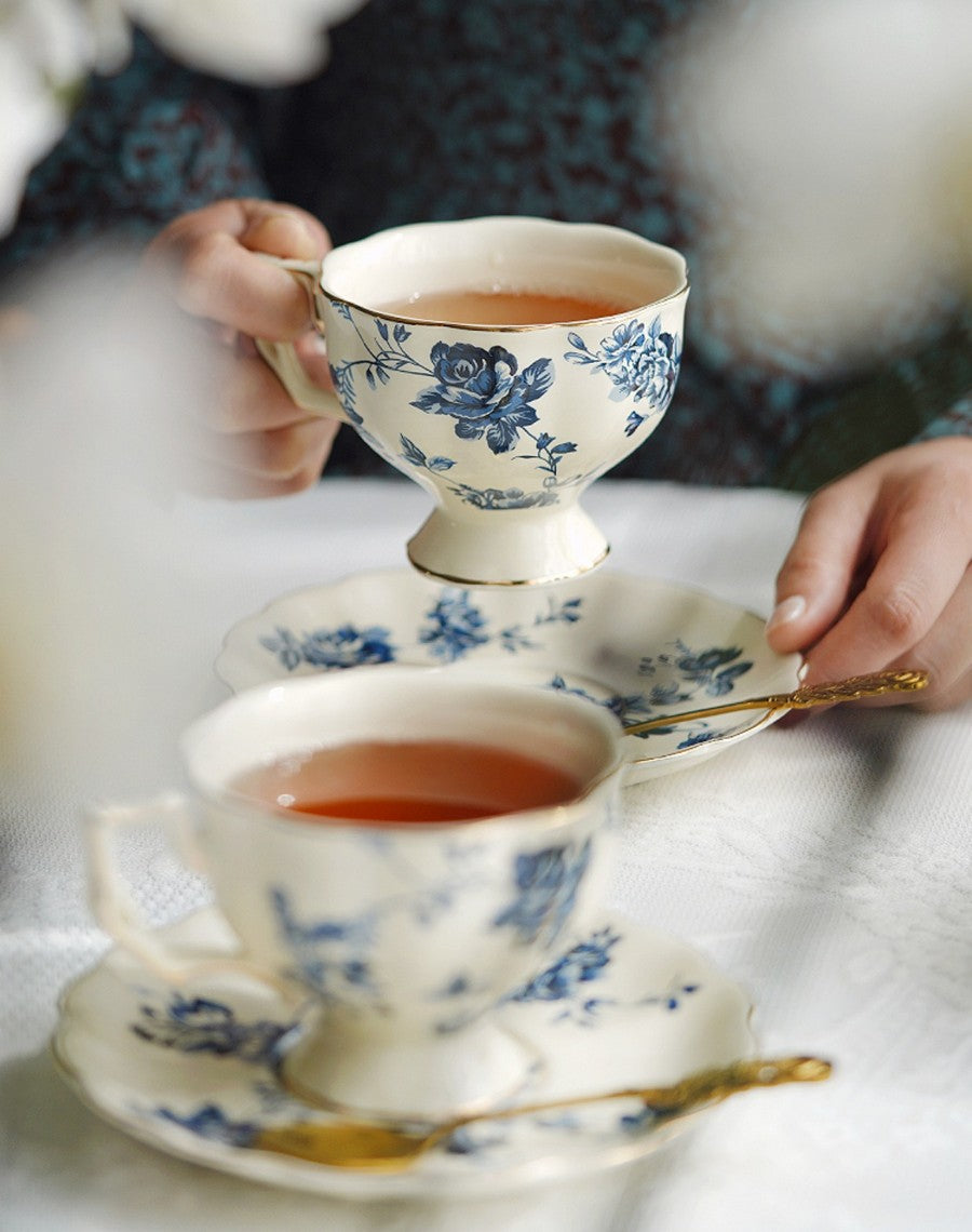 Royal Ceramic Cups, French Style China Porcelain Tea Cup Saucer Set, 6.8 oz Tea Cup and Saucers, Elegant Vintage Ceramic Coffee Cups for Traditional Afternoon Tea