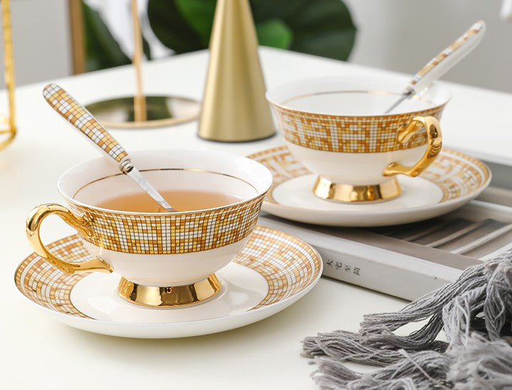 Porcelain Tea Cup Set for Office, Yellow Ceramic Cups, Elegant British Ceramic Coffee Cups, 6.8 oz Tea Cup and Saucer in Gift Box