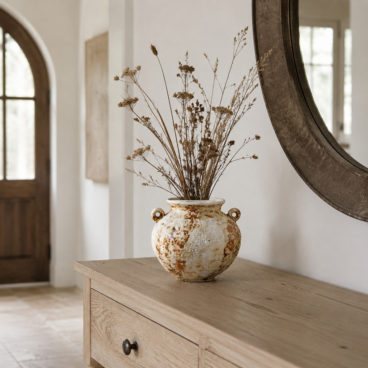 Rustic Aged Ceramic Vase - Sculptural Wabi Sabi Flower Vase D73 Double Handle lifestyle scene one