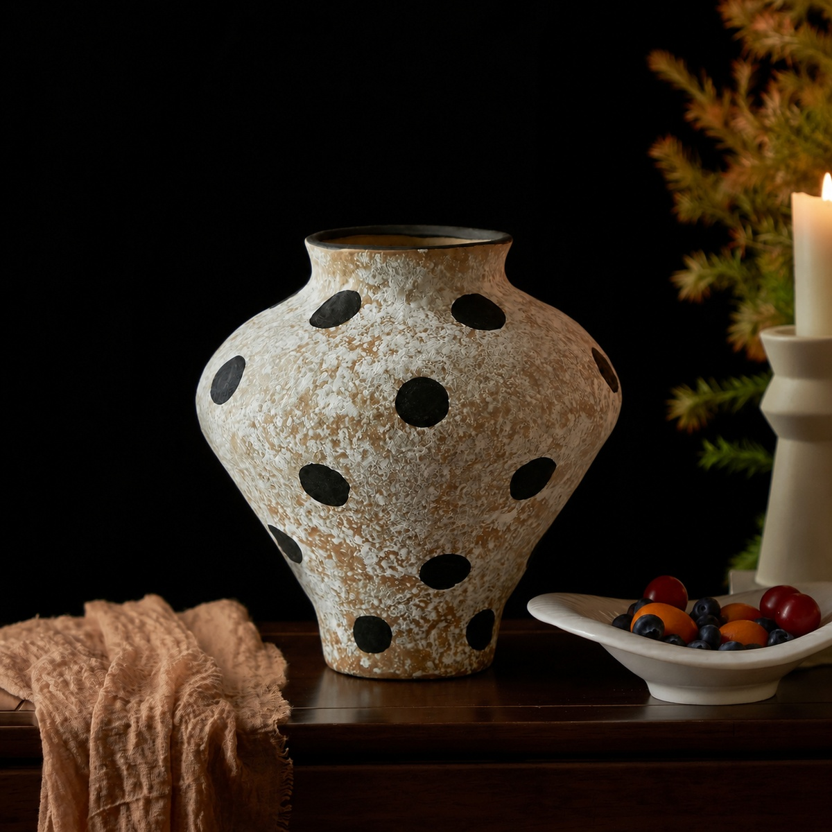Hand-Painted Polka Dot Ceramic Vase - Large Decorative Vase D75 Weathered White Large A lifestyle scene one