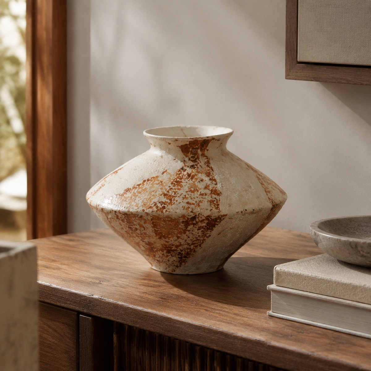 Rustic Aged Ceramic Vase - Sculptural Wabi Sabi Flower Vase D73 Wide Saucer lifestyle scene two