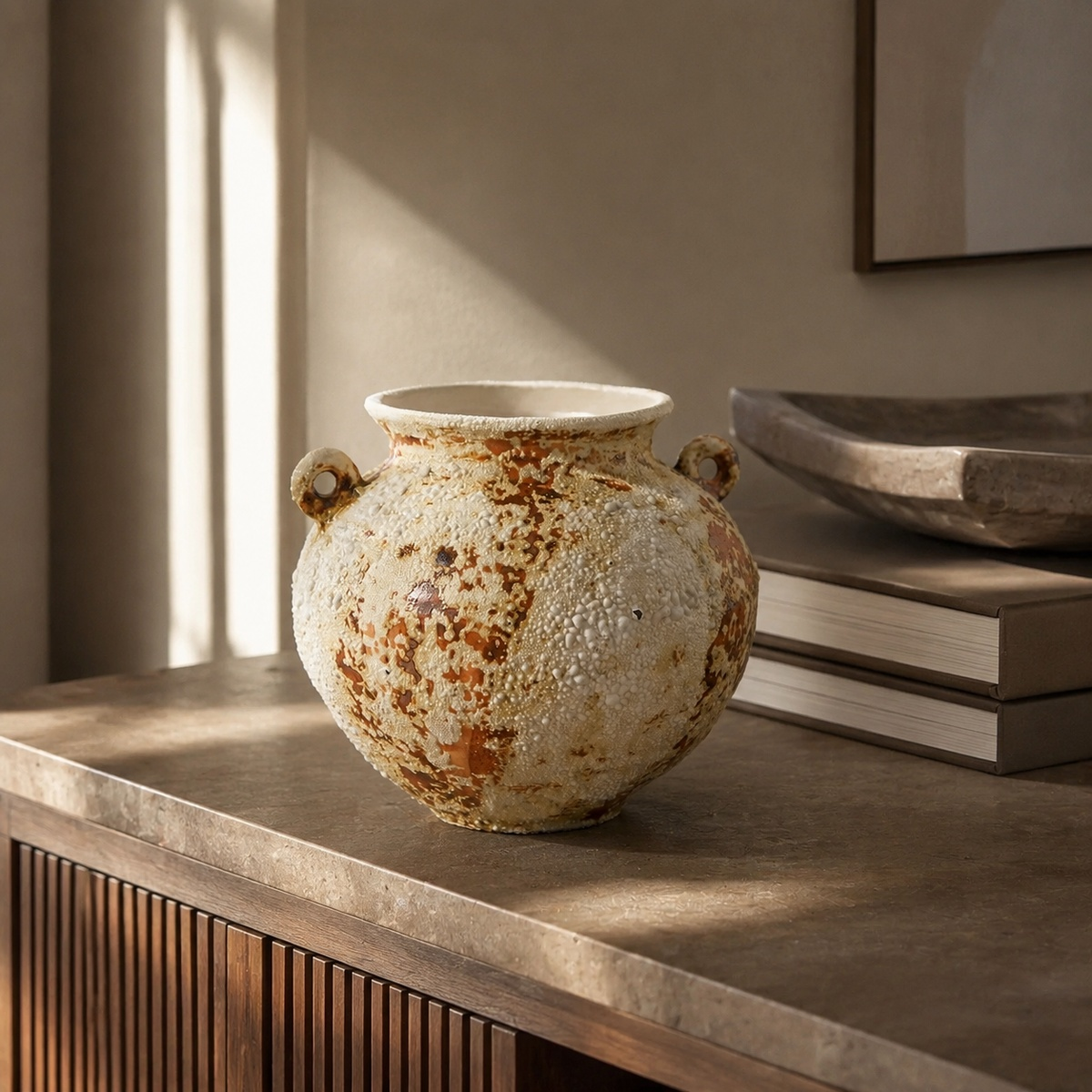 Rustic Aged Ceramic Vase - Sculptural Wabi Sabi Flower Vase D73 Double Handle lifestyle scene two