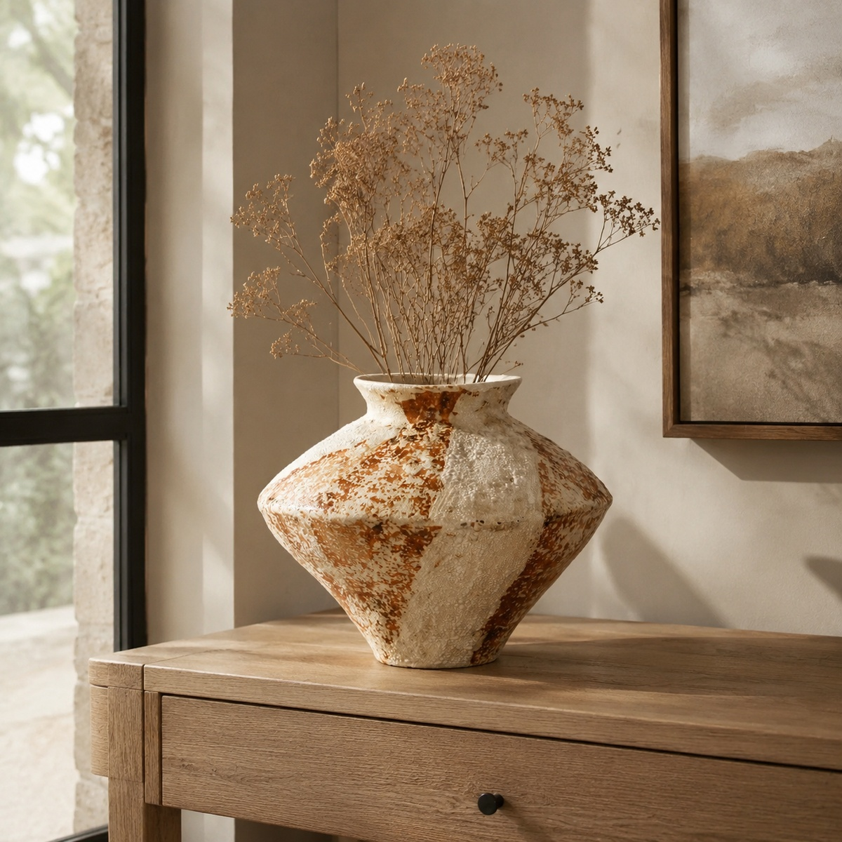 Rustic Aged Ceramic Vase - Sculptural Wabi Sabi Flower Vase D73 Wide Saucer lifestyle scene one