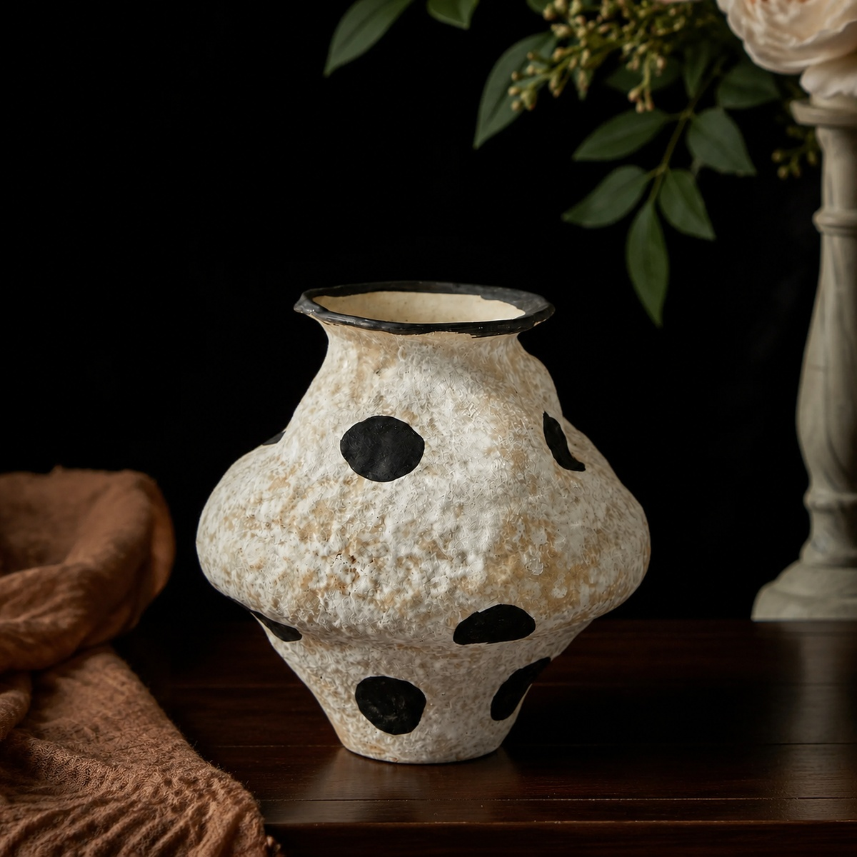 Hand-Painted Polka Dot Ceramic Vase - Large and Small Decorative Vase D76 Weathered White Small C lifestyle scene one