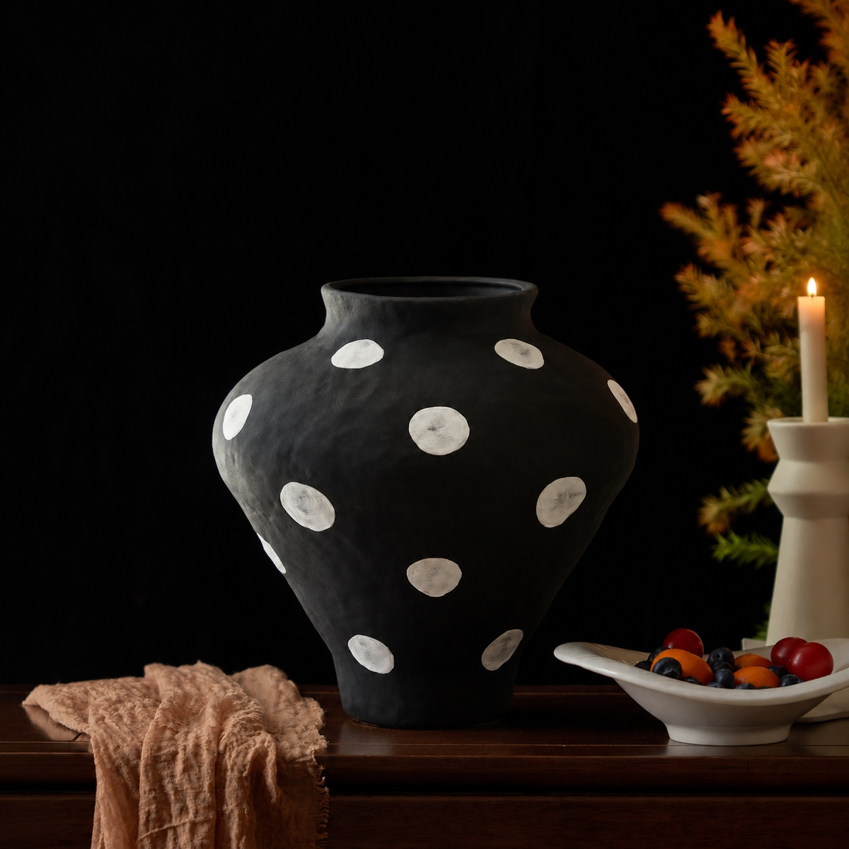 Hand-Painted Polka Dot Ceramic Vase - Large Decorative Vase D75 Matte Black Large A lifestyle scene two