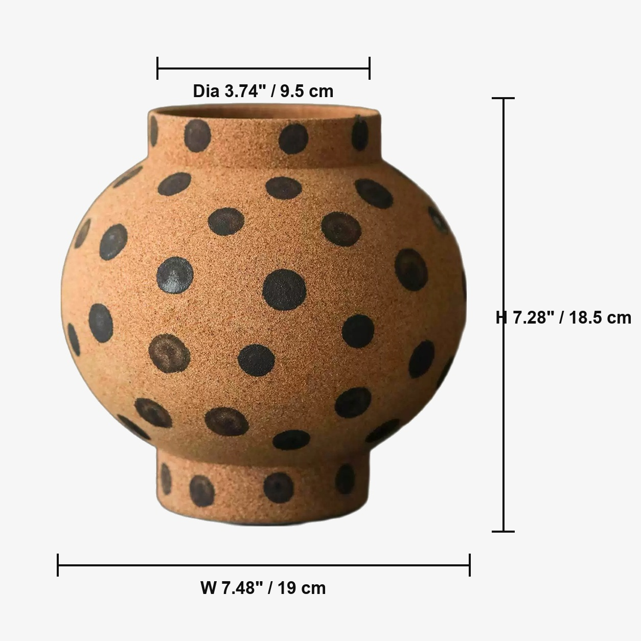 Caramel Polka Dot Rustic Ceramic Vase - Five Styles D83 Model A dimensions